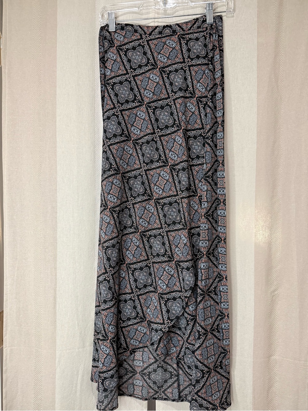 Lush Black Wrap Maxi Skirt with Blue and Tan Geometric Print